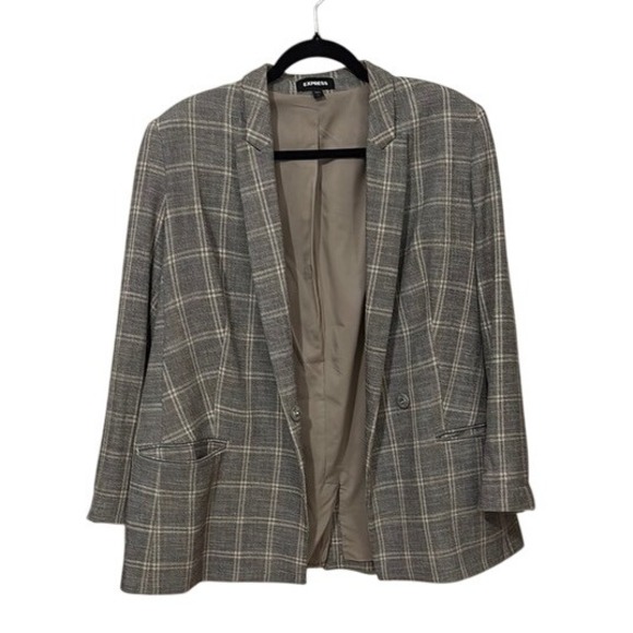 Express Women's Gray Blazer‎ Windowpane Plaid Collared Linen Blend - Picture 1 of 8